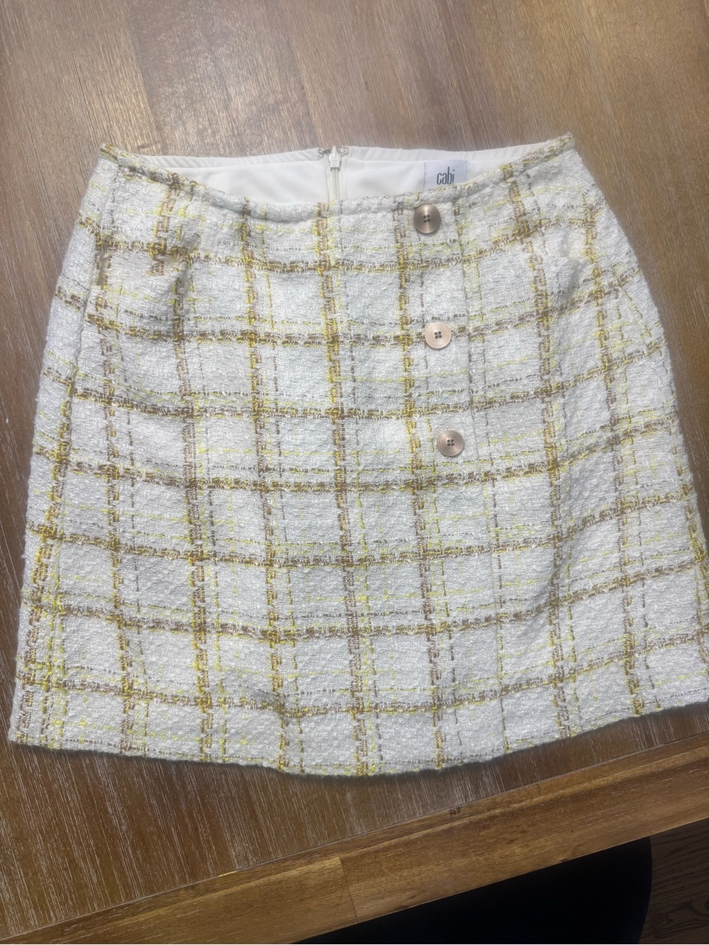 CAbi White & Gold Plaid Tweed Mini Skirt